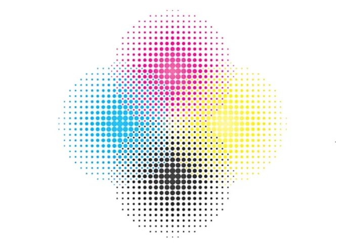 Halftone dot patterns of cyan, magenta, yellow, and black on a white background.