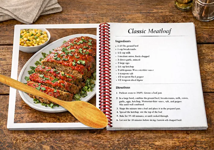 Open cookbook showing classic meatloaf recipe with sliced meatloaf and bowl of corn on wooden table.