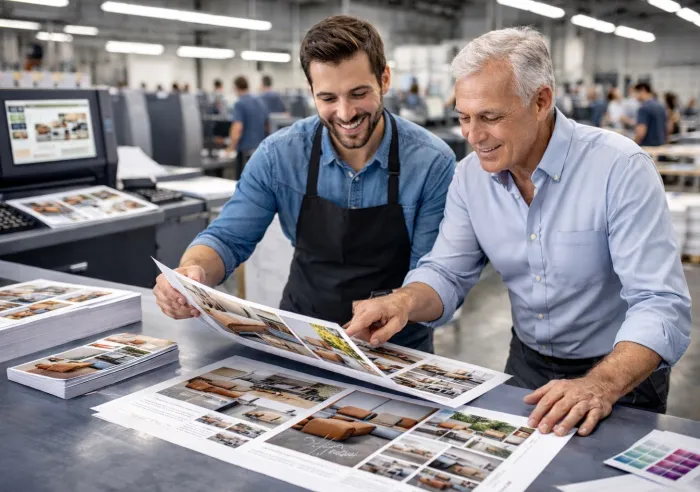 Two men examining print layouts in a modern printing facility with production equipment in the background.