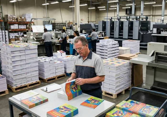 Worker inspecting perfect bound books in a large commercial printing facility with stacks of printed books in the background.