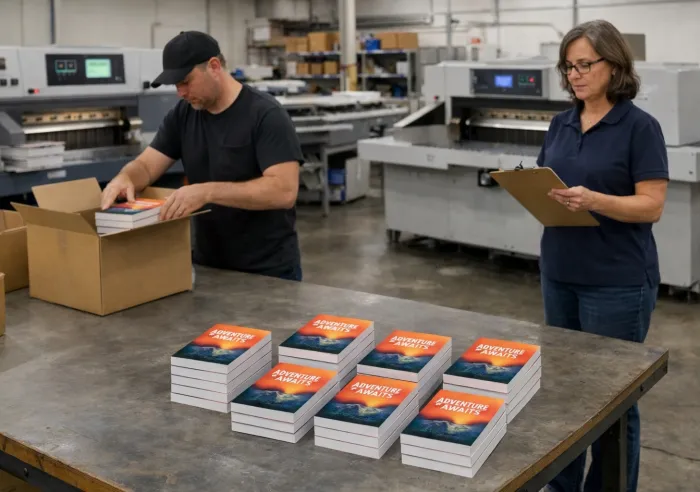 Two workers inspecting and packing stacks of Perfect Bound books in a printing facility