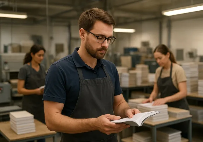 Man in glasses and apron inspecting a book in a busy print shop with colleagues stacking books in the background