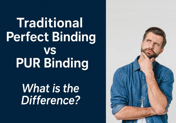 Man in denim shirt pondering differences between traditional perfect binding and PUR binding