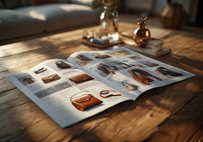 Fashion catalog lying open on a wooden table featuring handbags and clothing