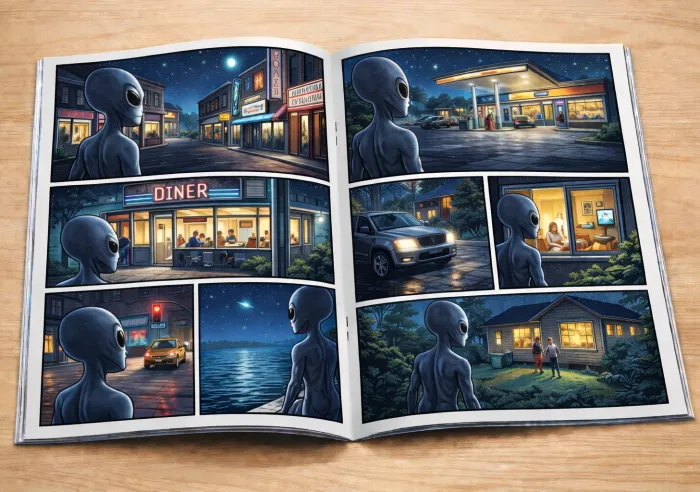 Comic book spread showing an alien observing a small town at night with diners, gas stations, and houses.