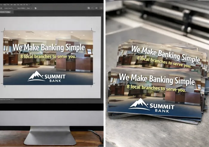Summit Bank advertisement displaying We Make Banking Simple with 8 local branches on computer and printed flyers.