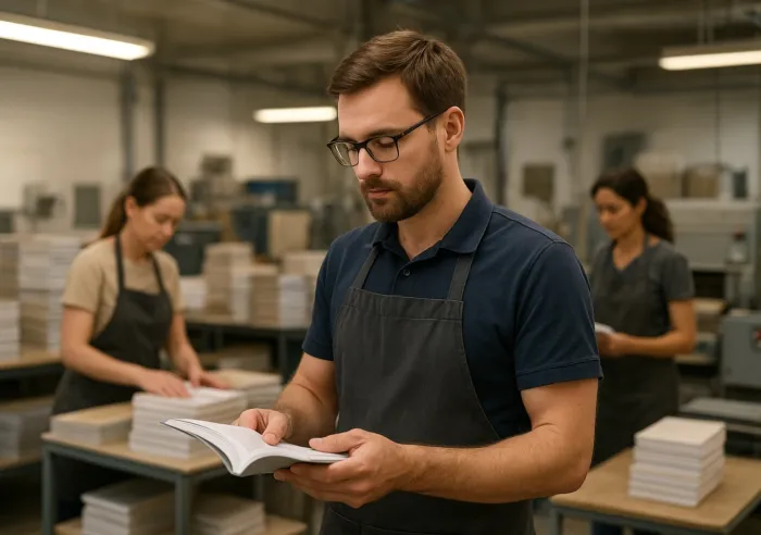 Man in glasses and apron inspecting a book in a busy print shop with colleagues stacking books in the background