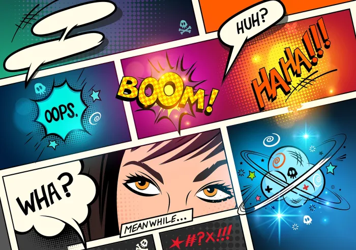 Comic style panels with expressive woman eyes and colorful speech bubbles saying boom, oops, wha, huh, and ha ha