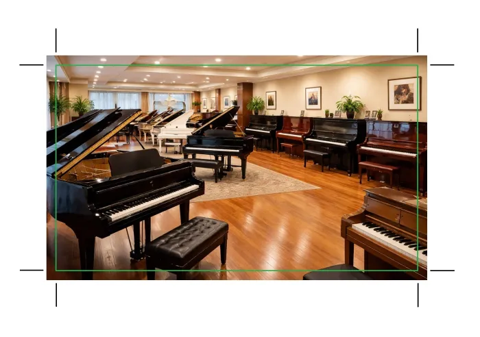 Part of an artwork layout for a piano store brochure that shows bleed and crop marks.