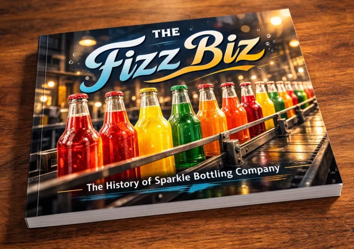 A softcover book about the history of the Sparkle Bottling Company with colorful bottles of soda on the cover