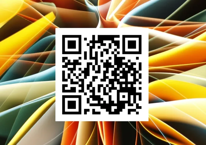 Black and white QR code centered on a colorful abstract background
