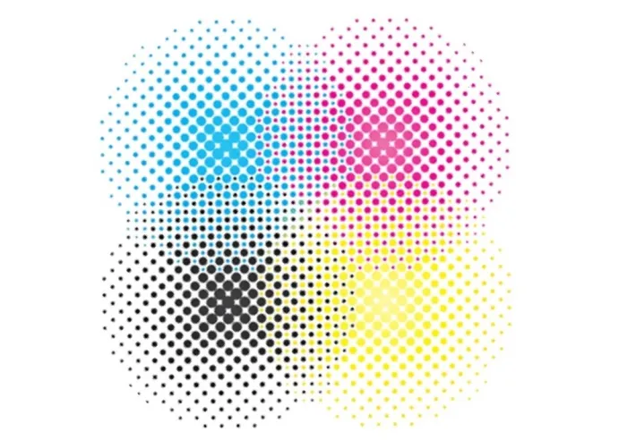 Halftone dot patterns of cyan, magenta, yellow, and black on a white background.