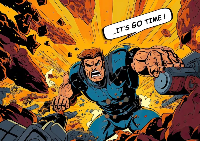 Muscular comic hero in blue armor battles through fiery debris shouting It's Go Time