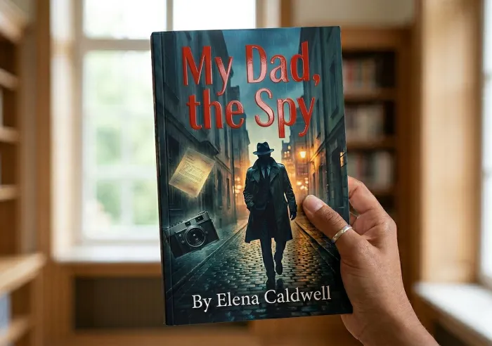 A hand holds the book My Dad, the Spy by Elena Caldwell with a silhouetted spy figure on a dimly lit street on the cover.