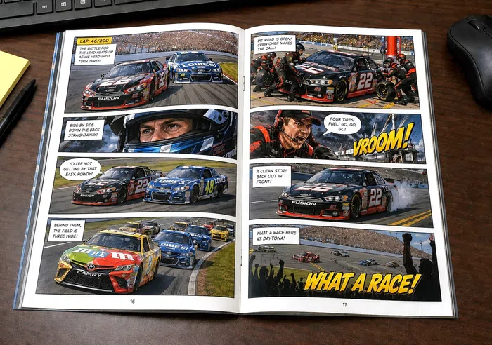 Open comic book on a desk depicting a vibrant car race with detailed illustrations and dialogue bubbles.