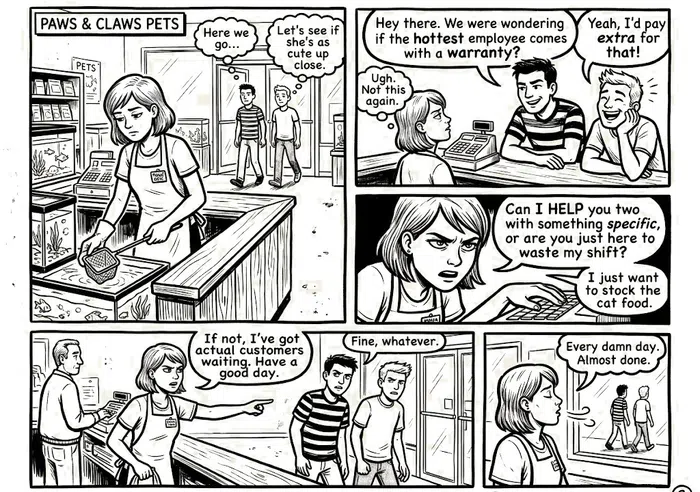 Comic book panels showing a female pet store employee annoyed by two young men who flirt and waste her time while working.