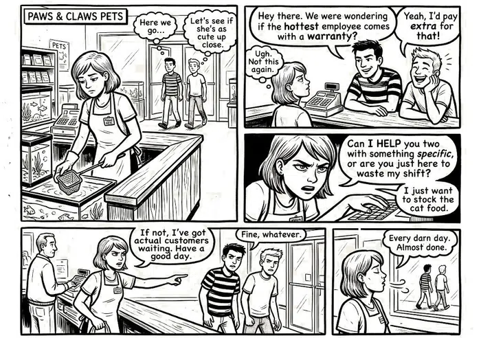 Comic book panels showing a female pet store employee annoyed by two young men who flirt and waste her time while working.