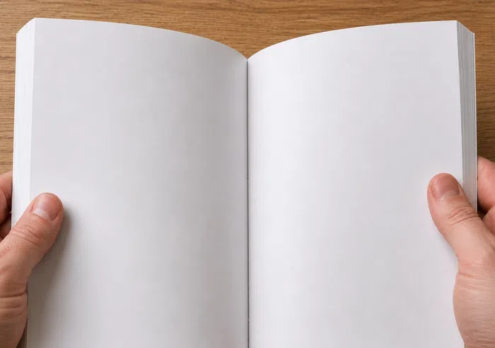 Hands holding open a blank white book showing two empty pages in front of a wooden table background.
