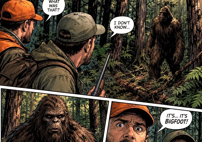 Comic book panels showing two hunters encountering a Bigfoot creature in a dense forest and expressing shock and fear.