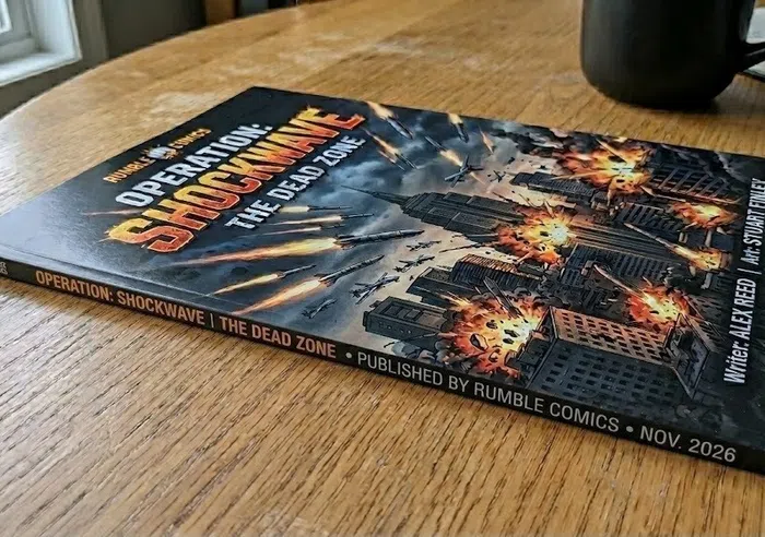 Thick comic book named Operation Shockwave The Dead Zone with explosions and city destruction on cover lying on a wooden table.