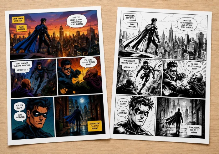 Side-by-side full color and black ink superhero comic pages