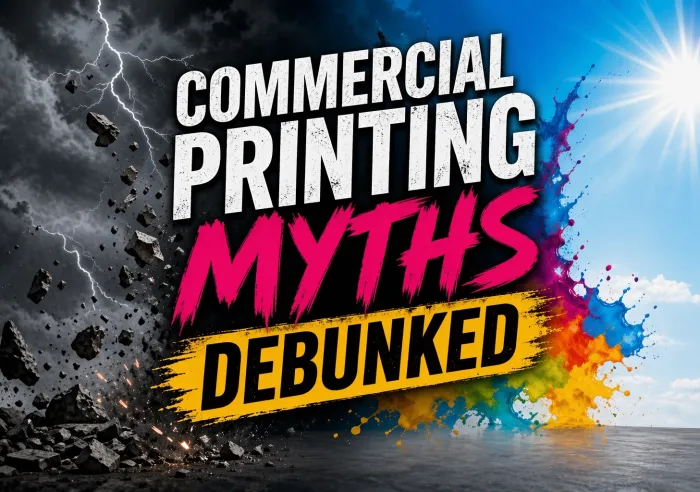 Commercial printing myths debunked text with dark stormy sky on left and bright colorful sky on right.