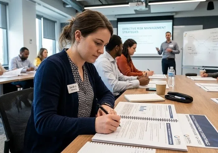 Business professionals attending a corporate training session taking notes in their training manuals.