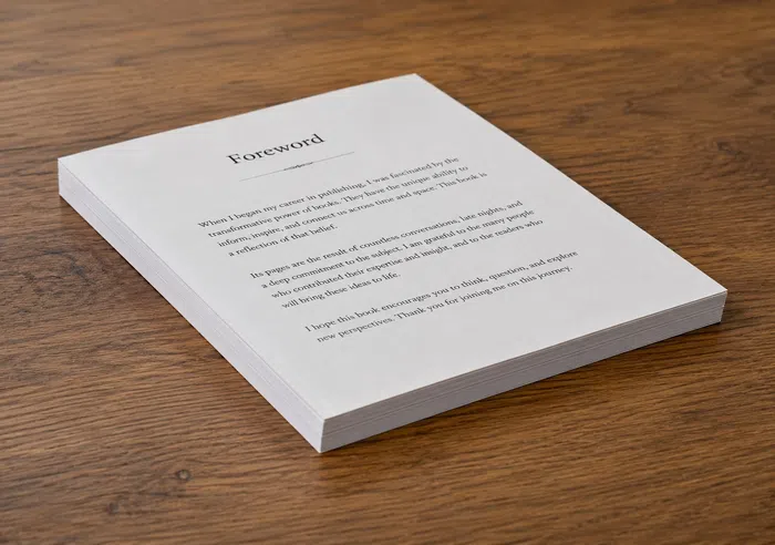 Stack of printed pages titled Foreword placed on wooden surface with readable text about publishing and reflection.