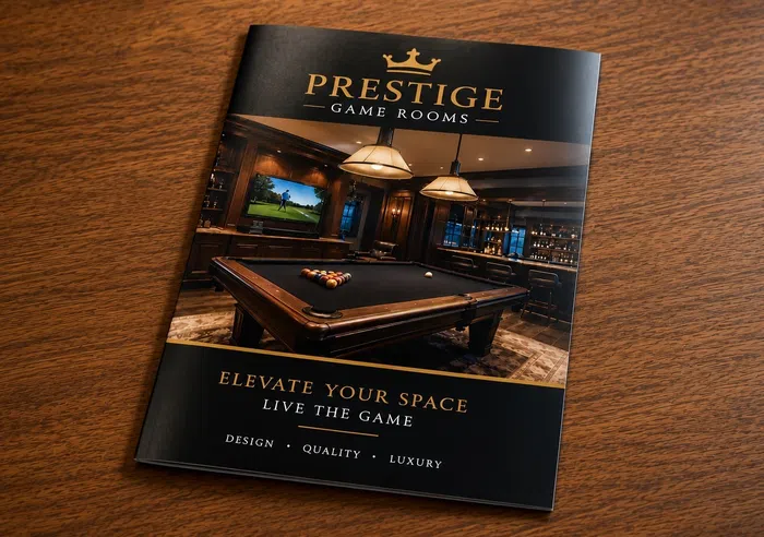 A Prestige Game Rooms brochure featuring a luxurious pool table room with warm lighting and a large TV.