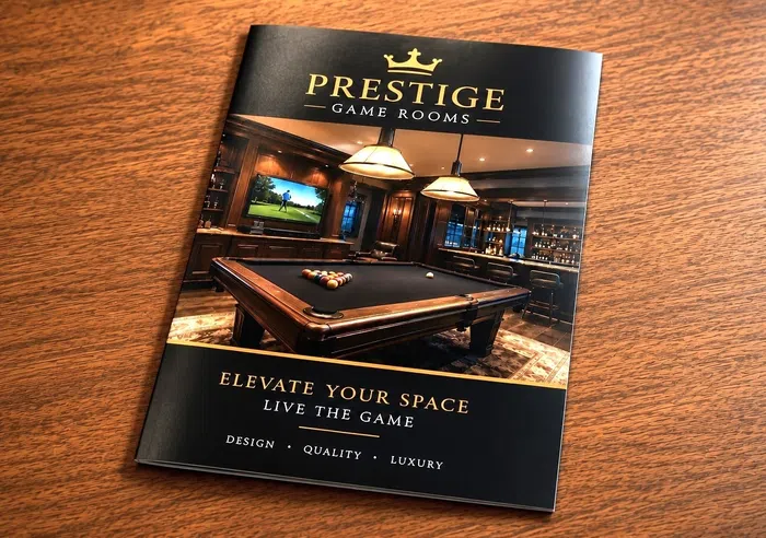 A luxury game room brochure displaying a high-end pool table in an elegant game room setting.