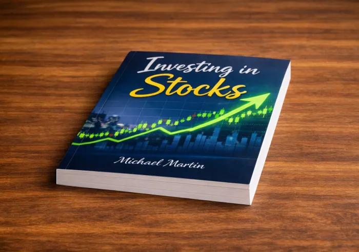 Book titled Investing in Stocks on a wooden surface with upward stock market graph on the cover.