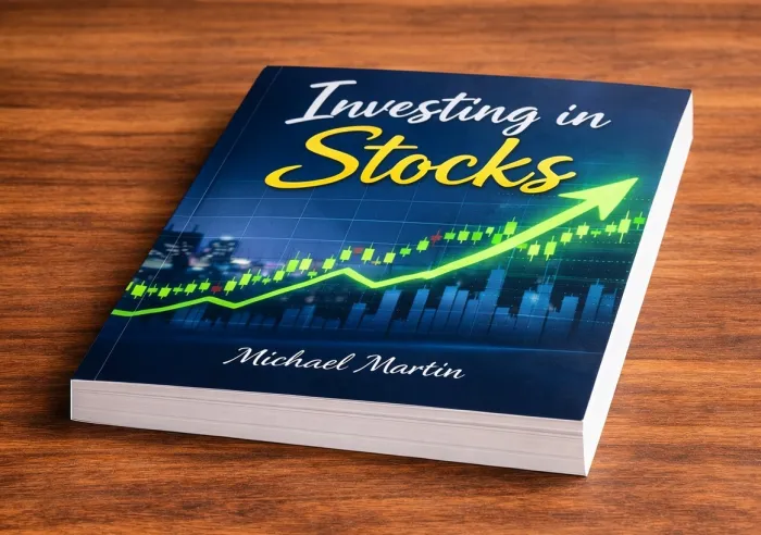 Book titled Investing in Stocks on a wooden surface with upward stock market graph on the cover.