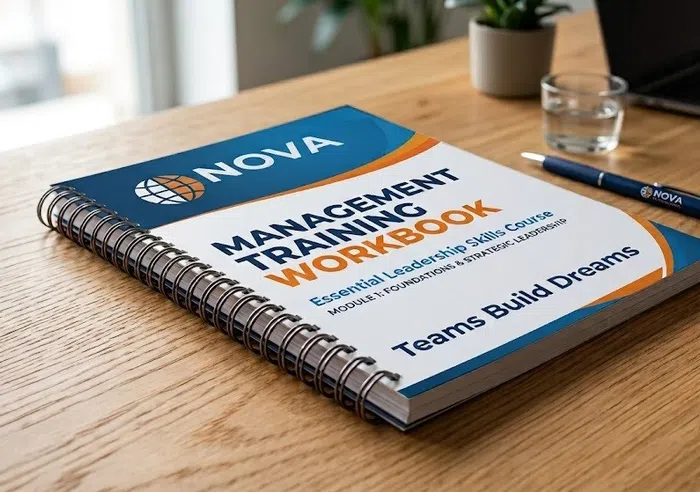 Wire-O bound management training workbook on wooden desk with pen and laptop
