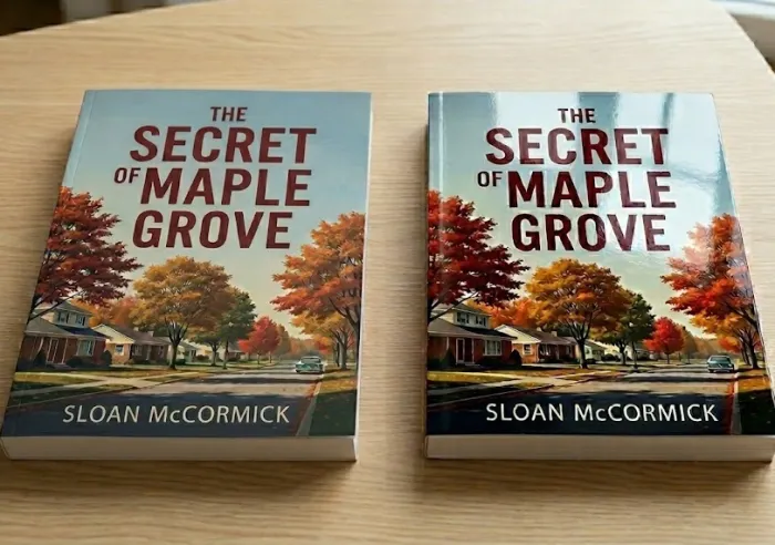 A matte laminated copy and a gloss laminated copy of The Secret of Maple Grove by Sloan McCormick on a wooden table with autumn trees on the cover.