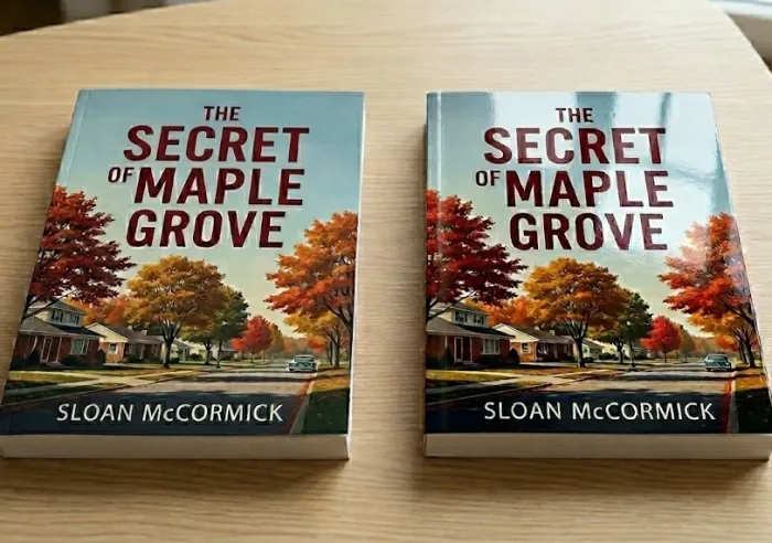 A matte laminated copy and a gloss laminated copy of The Secret of Maple Grove by Sloan McCormick on a wooden table with autumn trees on the cover.