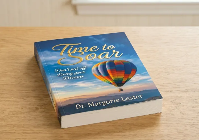 Perfect Bound book titled Time to Soar with hot air balloon and inspirational subtitle on wooden table.