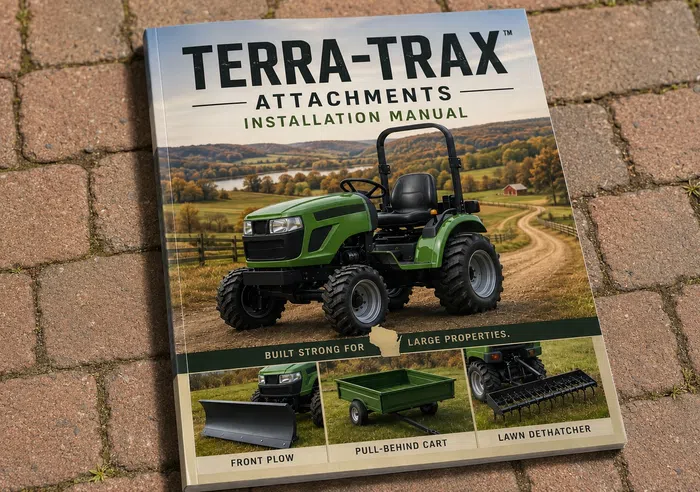 Installation manual for Terra-Trax tractor attachments featuring a green tractor and accessory images on a brick surface.