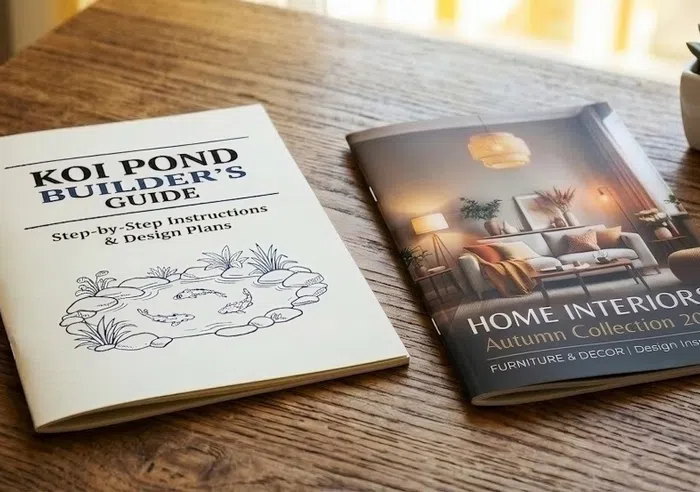 A self-cover booklet lying next to a plus cover booklet on a wooden table