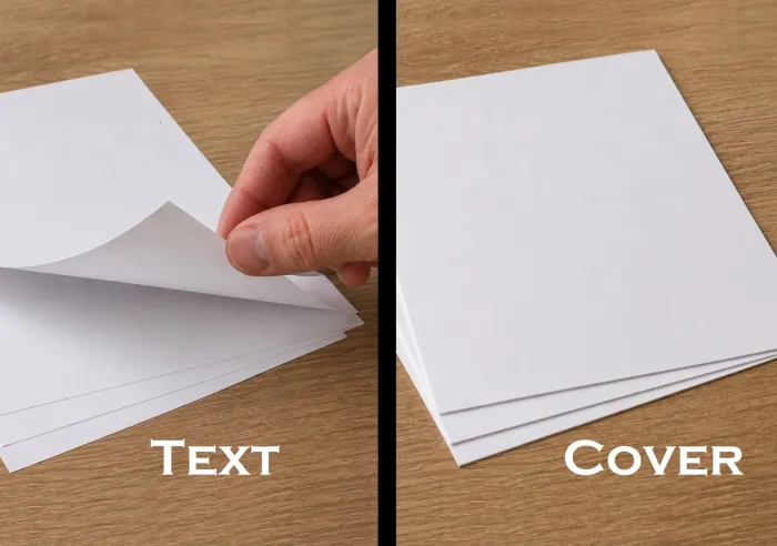 A hand flipping through a stack of text weight paper next to a stack of heavier cover paper on a wooden surface