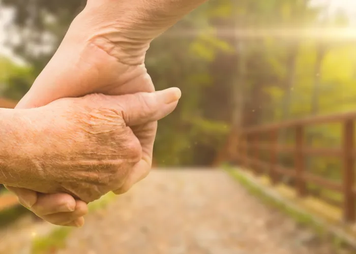 a hand in front of a fence