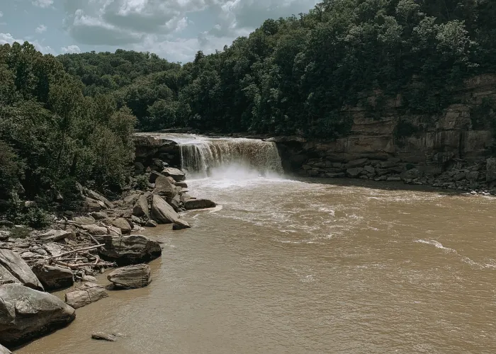 a river with a waterfall and trees