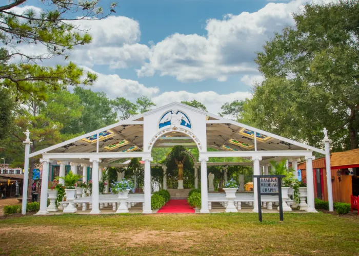 a gazebo with a sign