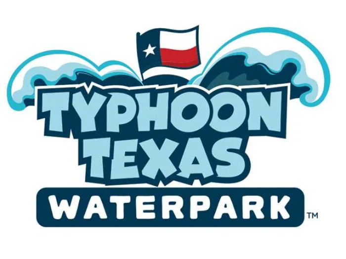 Logo of Typhoon Texas Waterpark with water waves and Texas flag above the text.