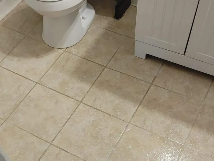 a bathroom tile floor after being pretreated before professional tile cleaning showing dirty grout lines