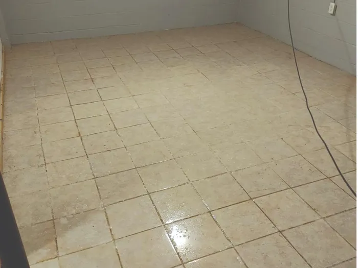 a room with a tile floor with no appliances or furniture with dirty grout lines