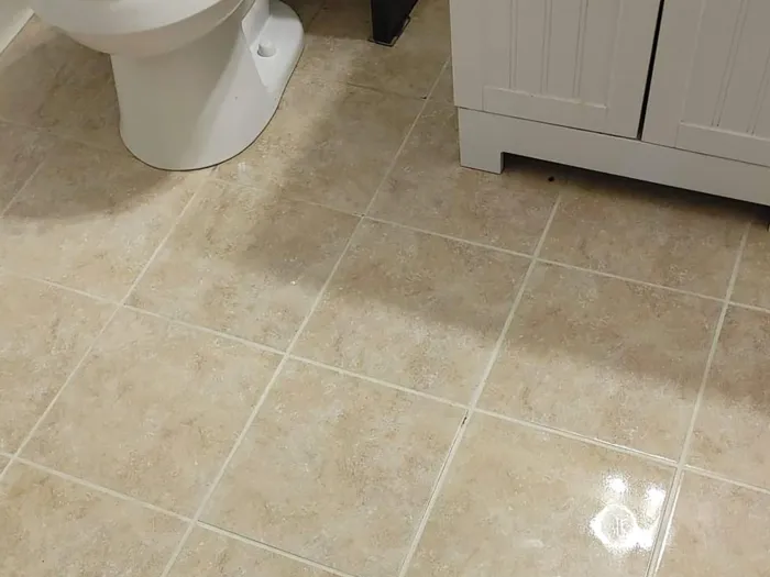 a bathroom tile floor after being professionally cleaned showing nice white grout lines