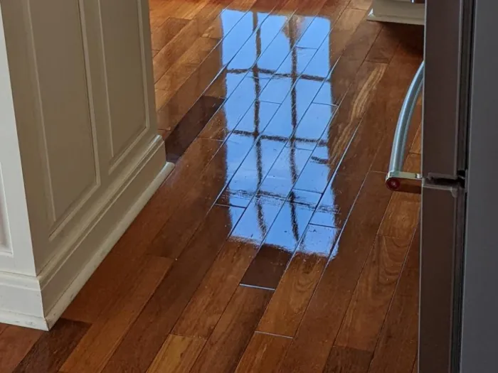 a kitchen with a wood floor after it was cleaned and polished by Zerorez