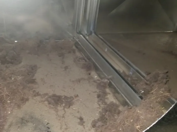 Interior closeup shot of HVAC system covered with clusters of dirt