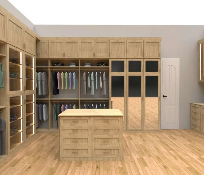 a 3D CAD design of a walk-in closet with a wooden island with drawers, wooden cabinets, shelves, shoes and hanging clothes