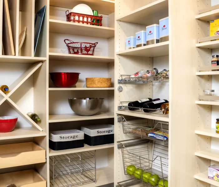 a room with shelves and food